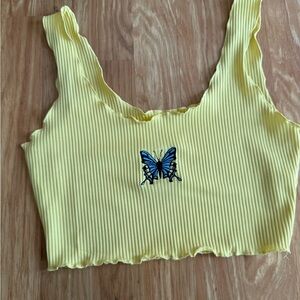 Yellow Ribbed Top with Butterfly Design